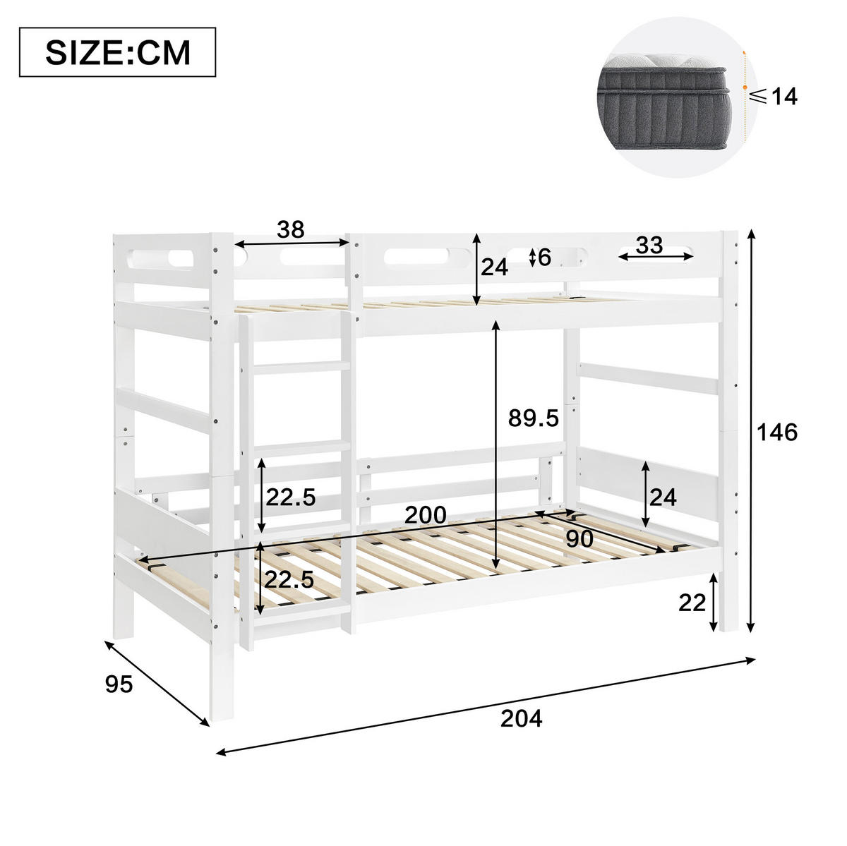 ETAGENBETT 90/200 cm aus Kiefer, MDF und Sperrholz mit Absturzsicherung und Leiter Weiß - Weiß, Holz (90/200cm) - Modenvie
