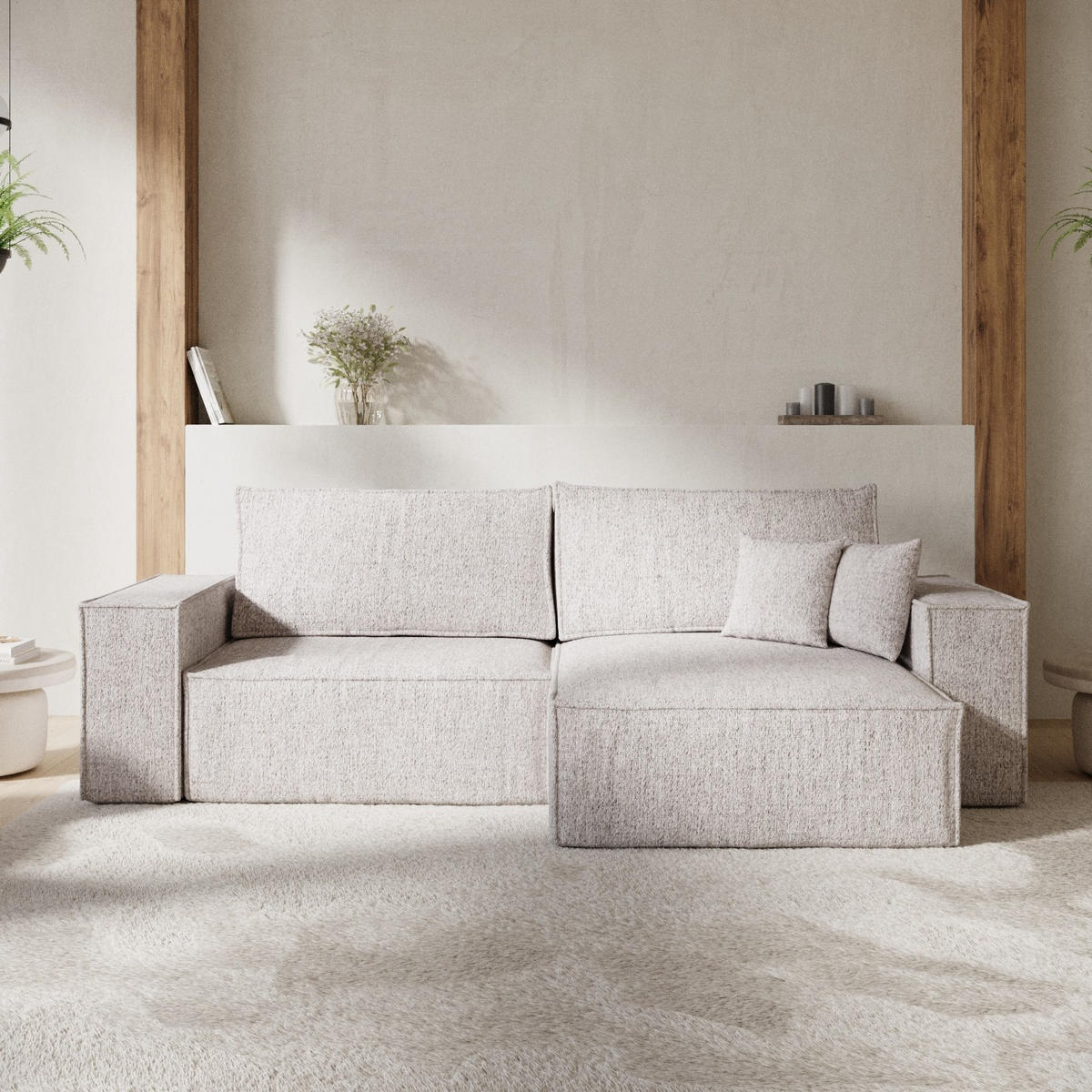 ECKSOFA CAVO mit Schlaffunktion Beige im Neve Stoff - Beige/Schwarz, Holz/Holzwerkstoff (255/148cm) - AltaBeds