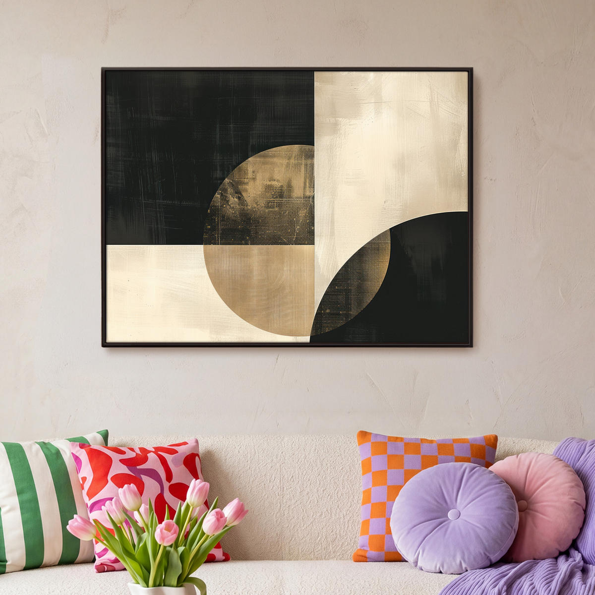 LEINWAND Bilder mit Rahmen - Abstrakt - Geometrische Formen - Schwarz - Gold - 100x70 - Ecru, Textil (100/70cm) - MuchoWow