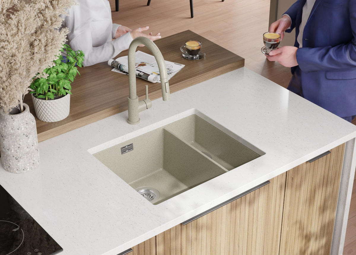 UNTERBAUSPÜLE GRANIT London Duo, 2-er set Beige 56/47 cm 1,5 Becken + Küchenarmatur 40/20 cm + Ablauf-Set ab 60er Unterschrank - Chromfarben/Beige, Kunststoff (56/20/47cm) - Primagran