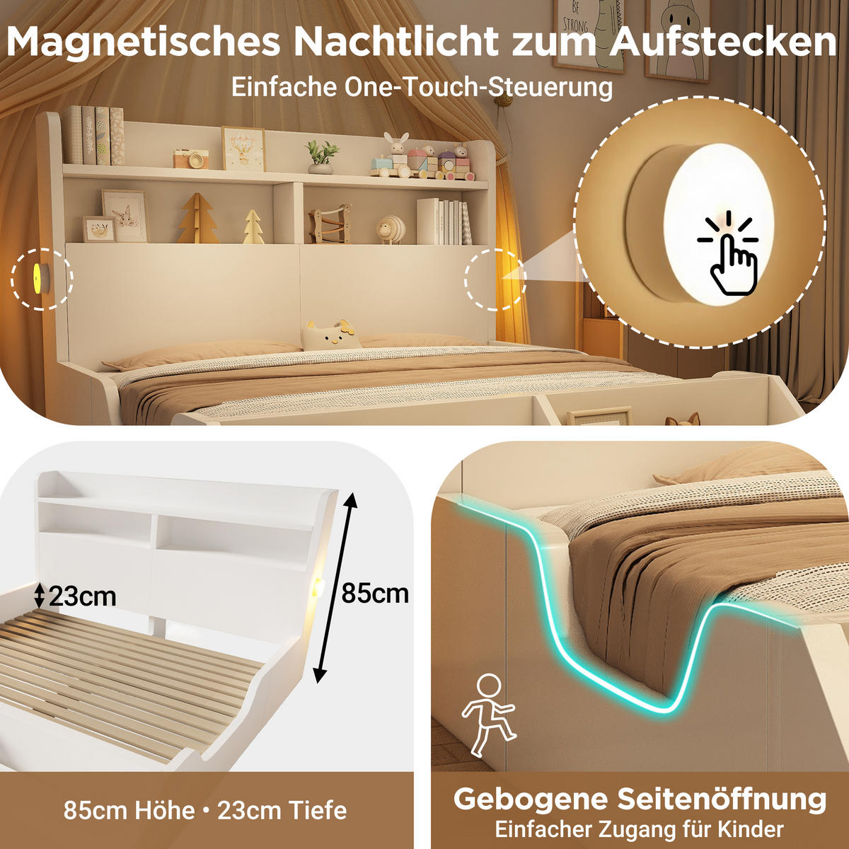 KINDERBETT aus Holz 140 x 200 cm in Weiß mit Nachtlichtern & Bücherregal - Weiß, Holz (140/200cm) - Modfu