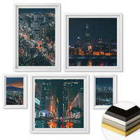 WANDBILDER 5er-Set - 50x50 cm & 20x30 cm & 40x60 cm Weißer Rahmen - Bergpanorama der Stadt bei Nacht - Weiß, Kunststoff (40/60cm) - ArtPrintCave