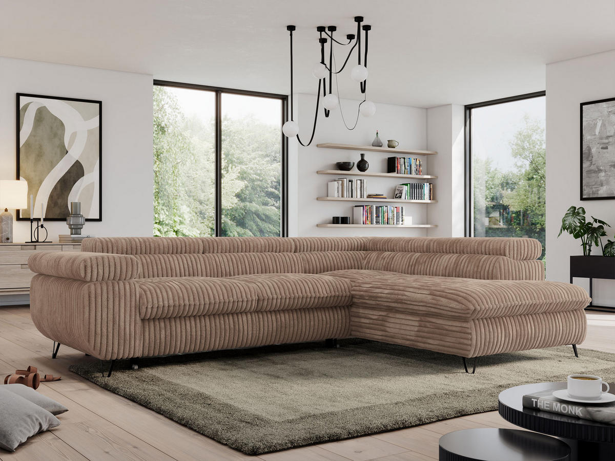 ECKSOFA PEDRO L Braun Cord - Rechts Seite - Schwarz/Braun, Textil/Metall (273/208cm) - MKS