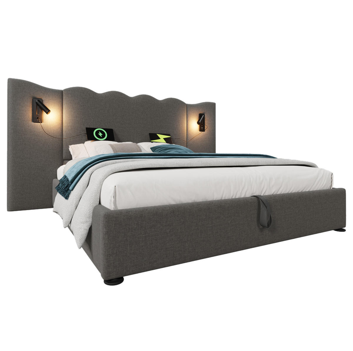 ČALÚNENÁ posteľ 160/200 cm, ľan, sivá, s lampičkou, USB-C a úložným priestorom - sivá, textil (160/200cm) - BEAOK