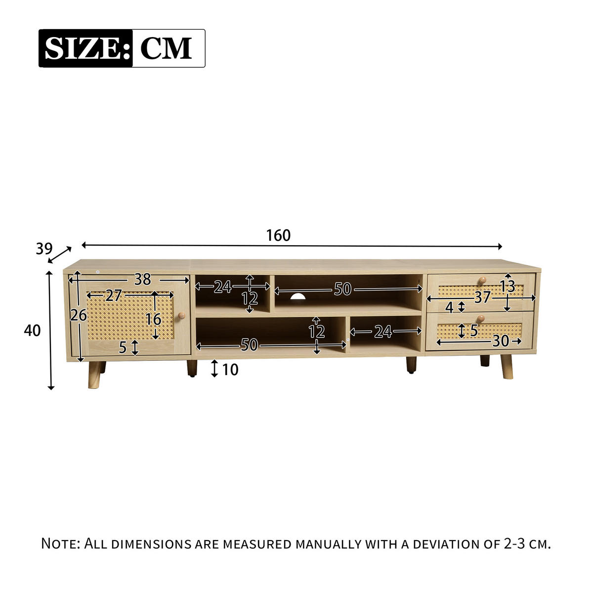 TV-SCHRANK 160/39/40,5 cm Eiche Spanplatte mit Kabelmanagement und 2 Rattanschubladen - Naturfarben, Holzwerkstoff (160/40/39cm) - OKWISH
