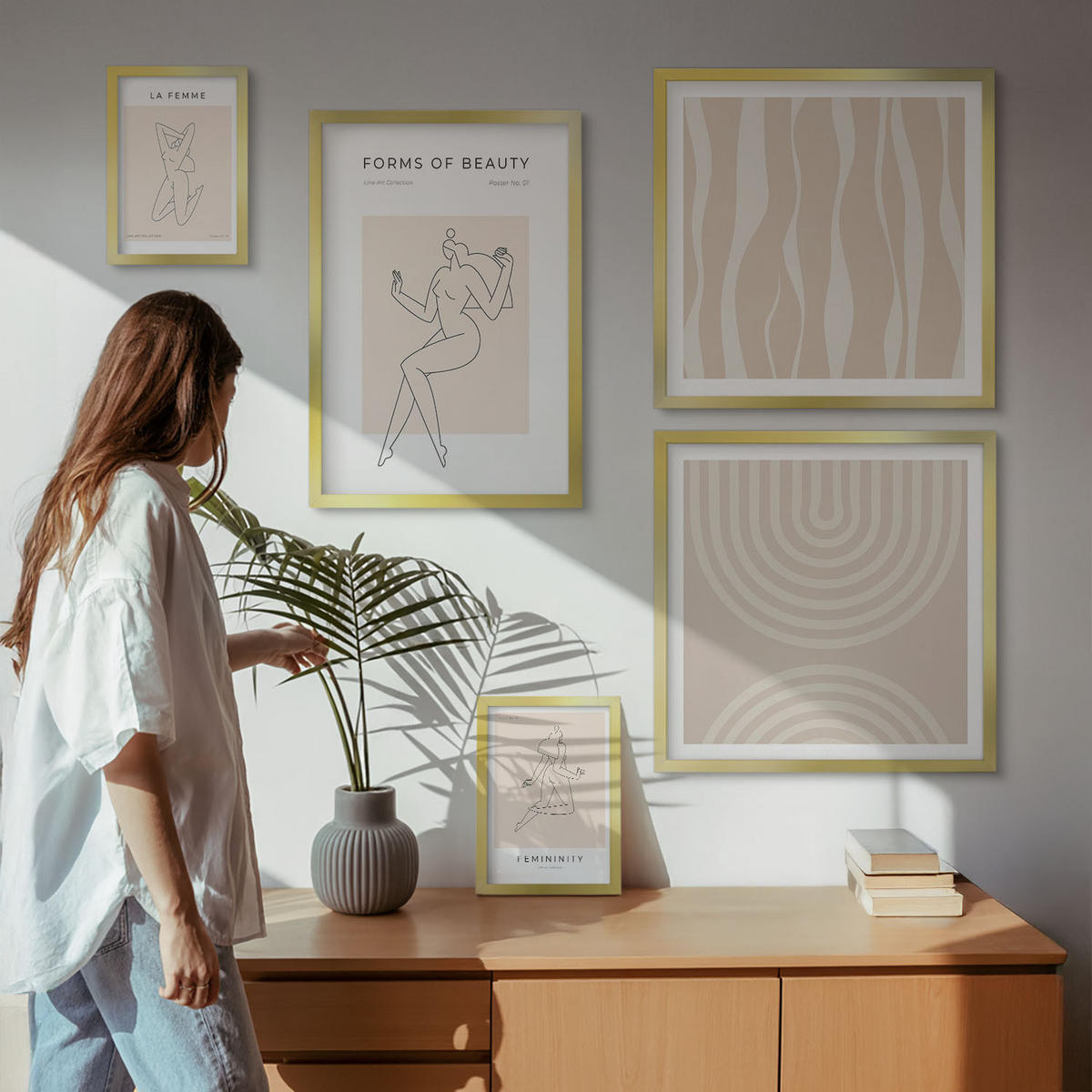WANDBILDER 5er Set - 50x50 cm & 20x30 cm & 40x60 cm Goldrahmen - Eine Sammlung minimalistischer Formen - Goldfarben, Kunststoff (40/60cm) - ArtPrintCave