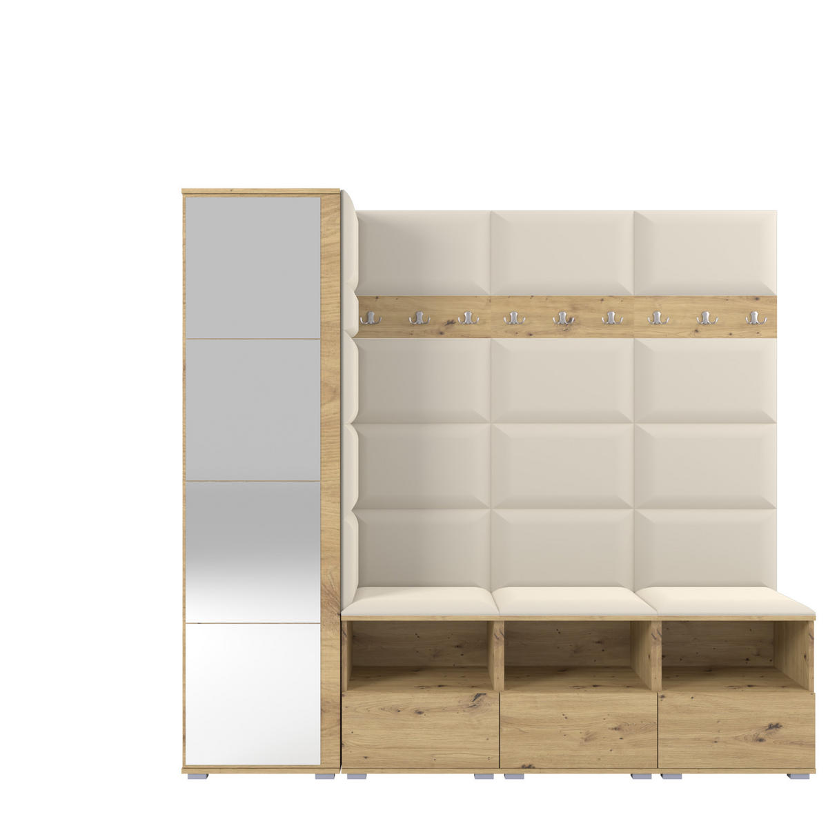 GARDEROBE NELA IX 200 cm (Modulare Flurmöbel Artisan Eiche mit Spiegel & Sitzpolster Creme 01 Breite Sitzbank) - Silberfarben/Creme, Holz/Holzwerkstoff (200/187/40cm) - Ravio