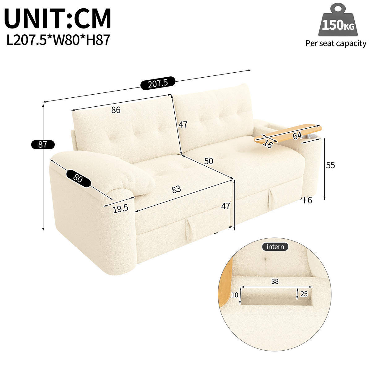 3-SITZER SOFA teddy beige modular 207cm mit stauraum tisch - Beige, Textil (207.5/87/80cm) - Urban Meuble