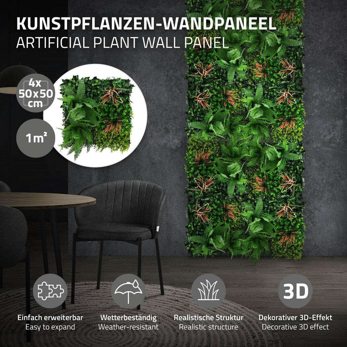 KÜNSTLICHE PFLANZENWAND 4er Set 50x50 cm Kunstpflanzen Wand Innen Aussen Grün Tropical Mix - Waldgrün/Kupferfarben, Kunststoff (50/50/10cm) - ECD-Germany