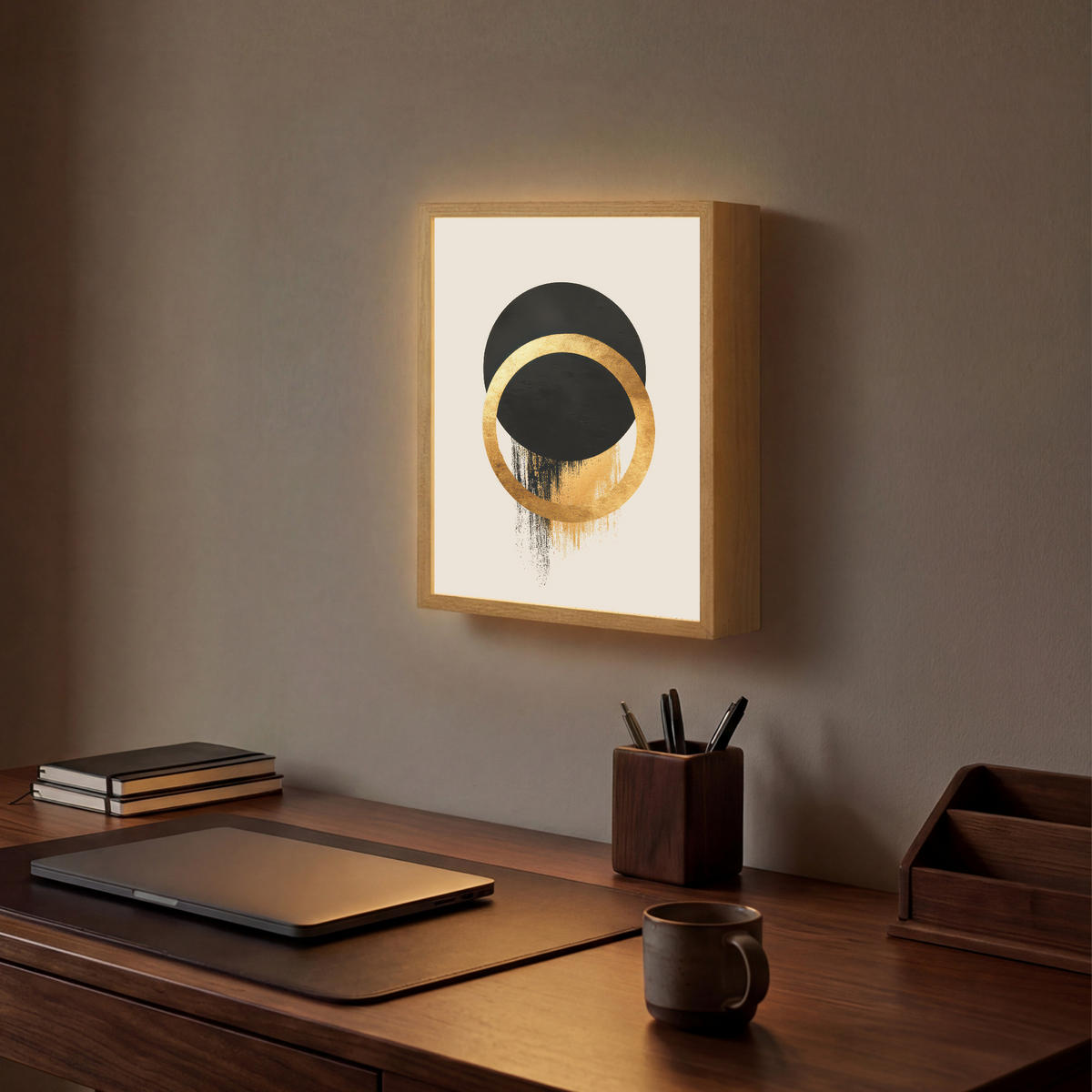 WANDLEUCHTE MIT AKKU Abstraktes Design - Schwarzer Kreis - Farbflecken 30x40 cm - Creme, Holzwerkstoff (30/40/8cm) - OnlyWow
