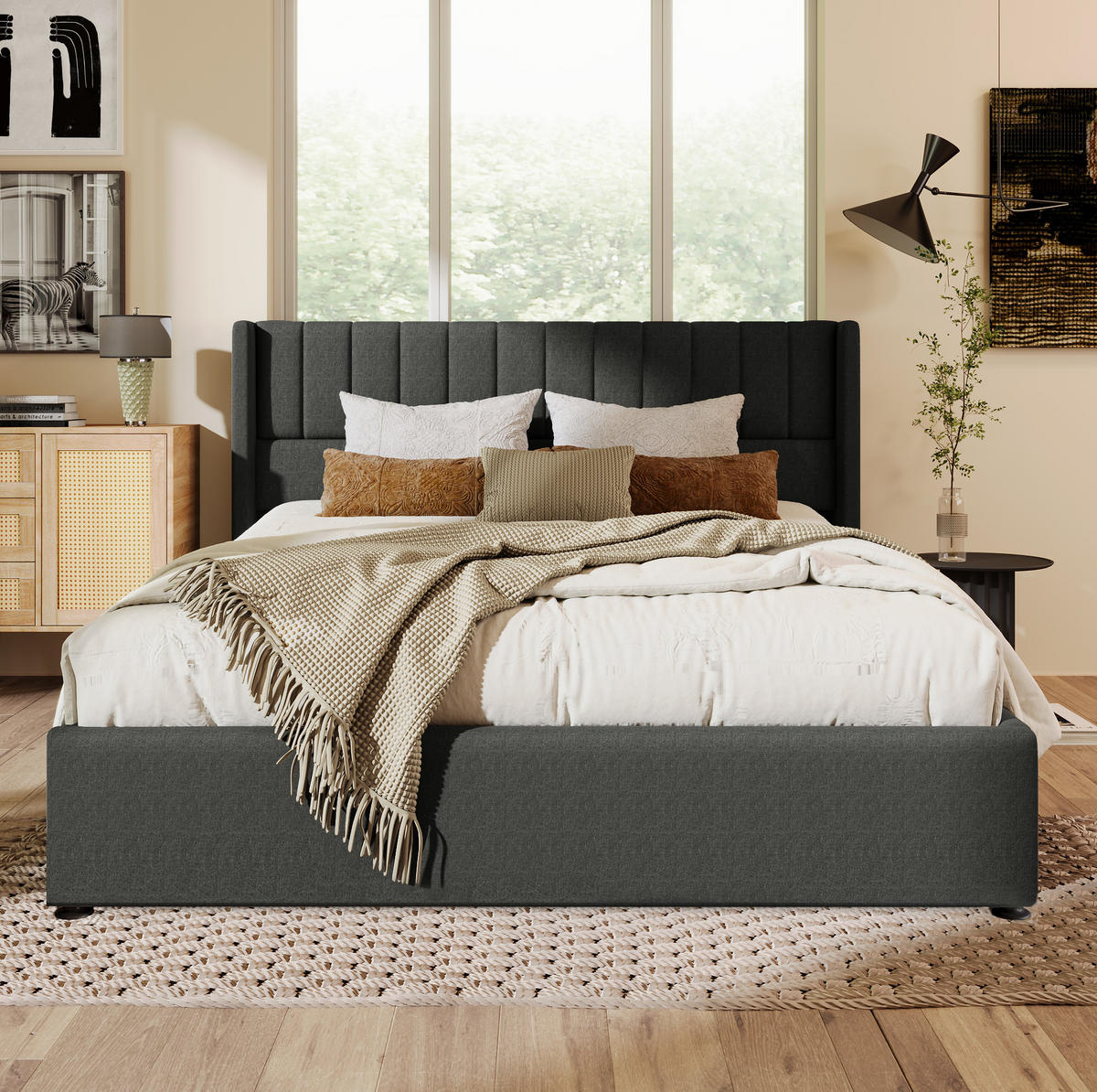 BETT mit Bettkasten 140x200 cm Leinen Grau - Grau, Metall (140/200cm) - Meubliv