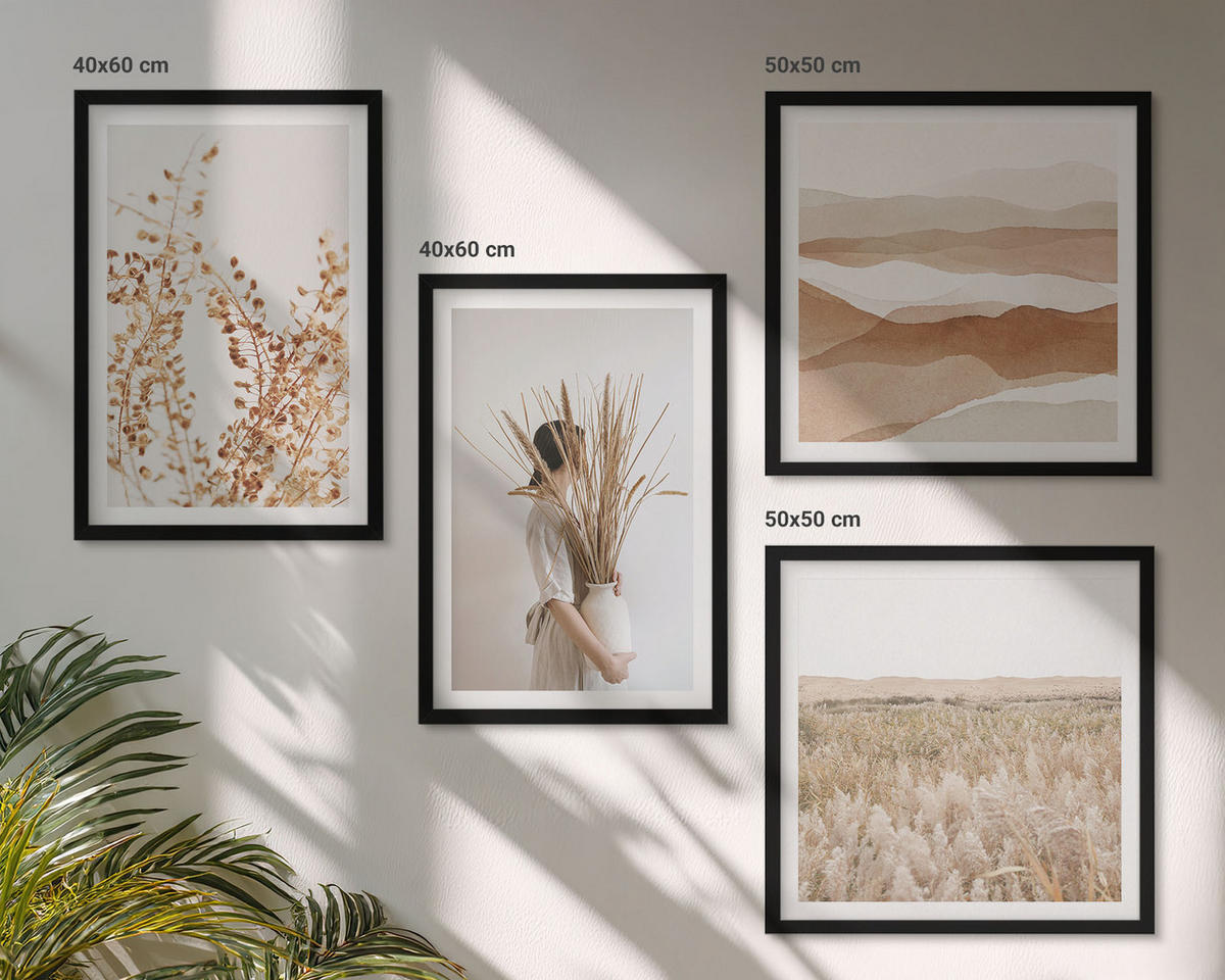 BILDER SET 4er Set - 50x50 cm & 40x60 cm Schwarzer Rahmen - Pflanzenmotive im Boho-Stil - Schwarz, Kunststoff (50/50cm) - TULUP
