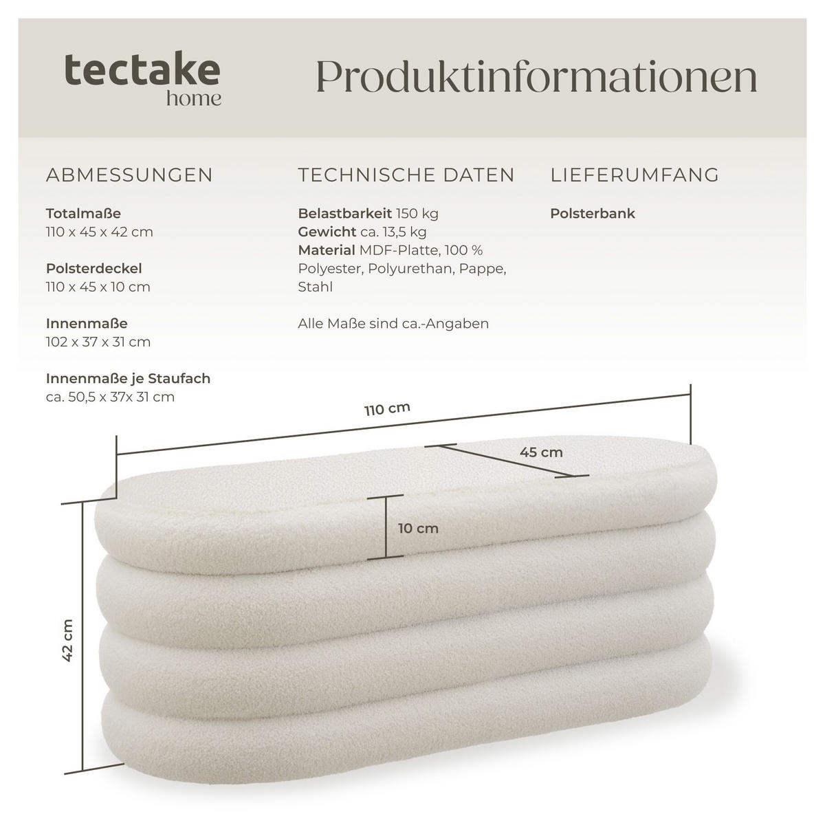 TRUHENBANK Altu,110 x 45 x 42 cm,Bouclé creme-weiß - Creme/Weiß, Holz (110/42/45cm) - tectake