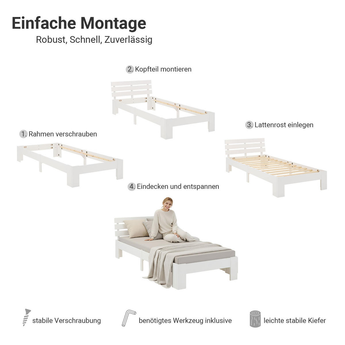 HOLZBETT Weiß 90/200 cm mit Lattenrost - Weiß, Holz (90/200cm) - Homestyle4u