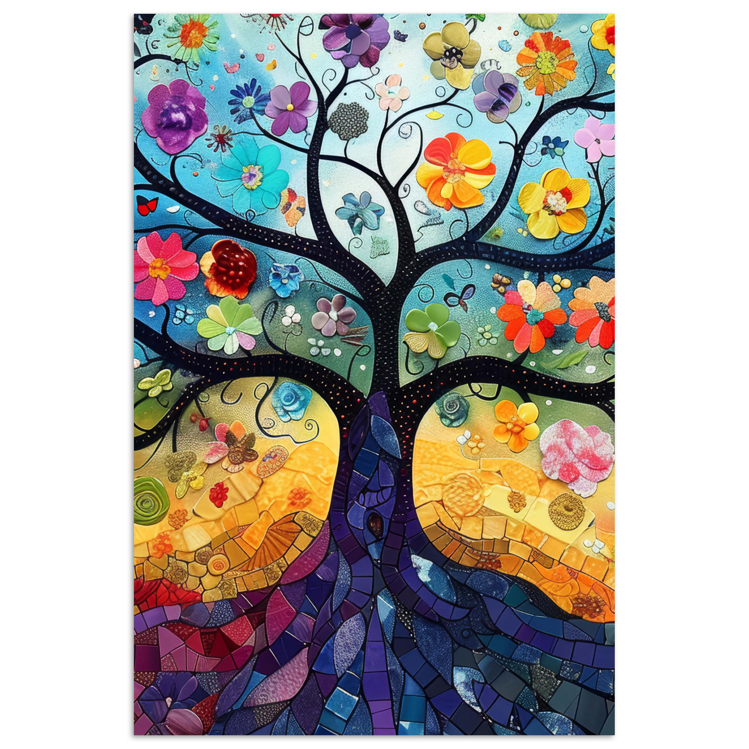 POSTER Kunst - Baum des Lebens - Blumen - Hippie 40x60 cm - Dunkelblau, Papier (40/60/0.1cm) - MuchoWow