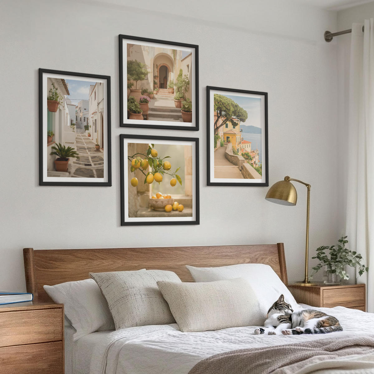 BILDER SET 4er Set - 50x50 cm & 40x60 cm Schwarzer Rahmen - Zitrusbaum im Fenster am Meer - Schwarz, Kunststoff (50/50cm) - TULUP