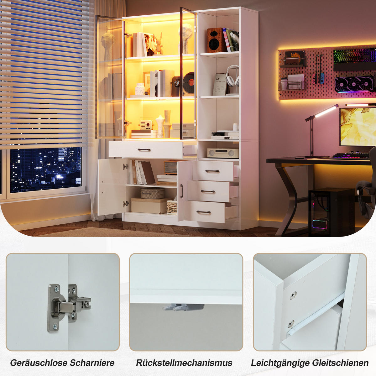 VITRINE LED Hochschrank Glas 120cm 13 Fächer Weiß Modern - Weiß, Holzwerkstoff (120/200/35cm) - FLIEKS