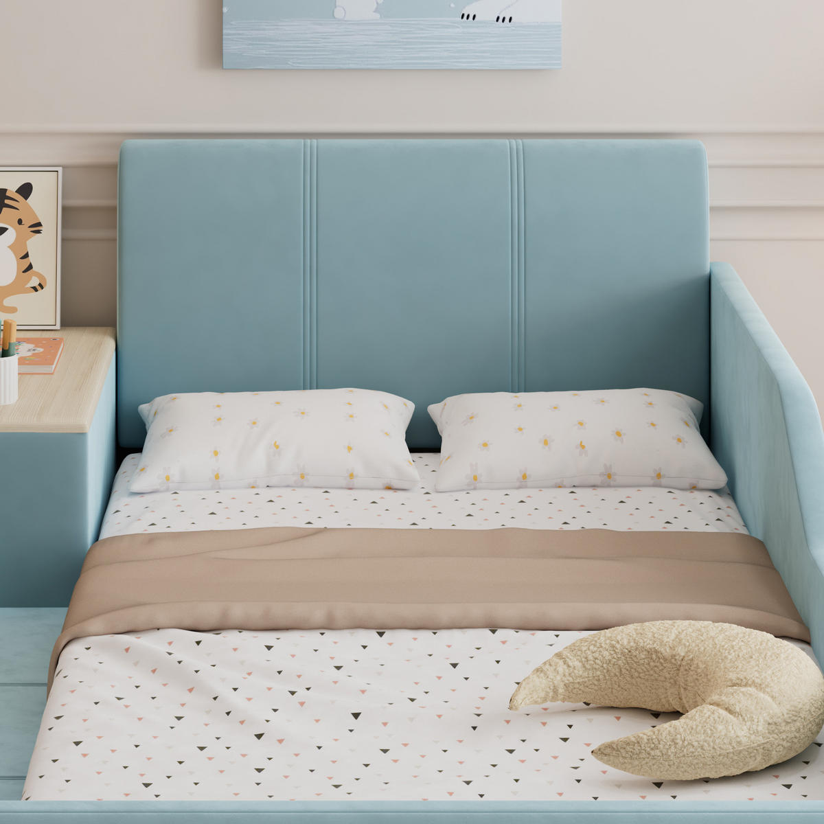 POLSTERBETT 90/200 cm aus Samt mit Schreibtisch und Hocker Blau/Naturfarben - Blau, Textil (90/200cm) - Modenvie