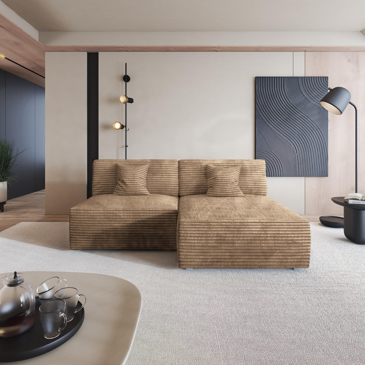 ECKSOFA FIORO Beige Kordstoff mit Schlaffunktion - Beige, Holz (204/148cm) - MASSENO