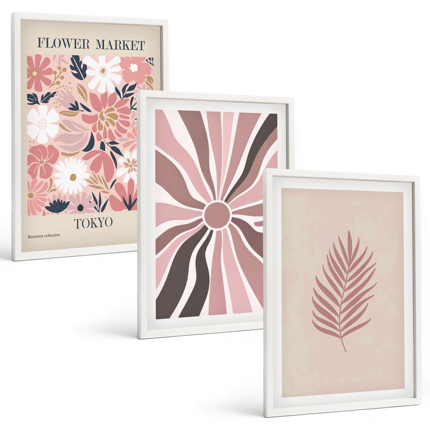 BILDER SET 3er Set - 40x60 cm Weißer Rahmen - Florale Blattmuster und Geometrie - Weiß, Kunststoff (40/60cm) - TULUP