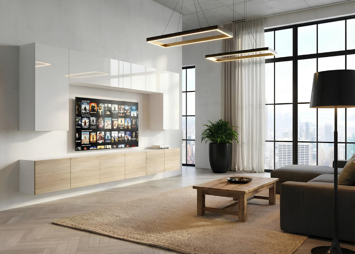 WOHNWAND Milano 2, Weiß/Sonoma Eiche, 300 cm, Grifflos - Weiß, Holz (300/155/36cm) - B BELINI GROUP