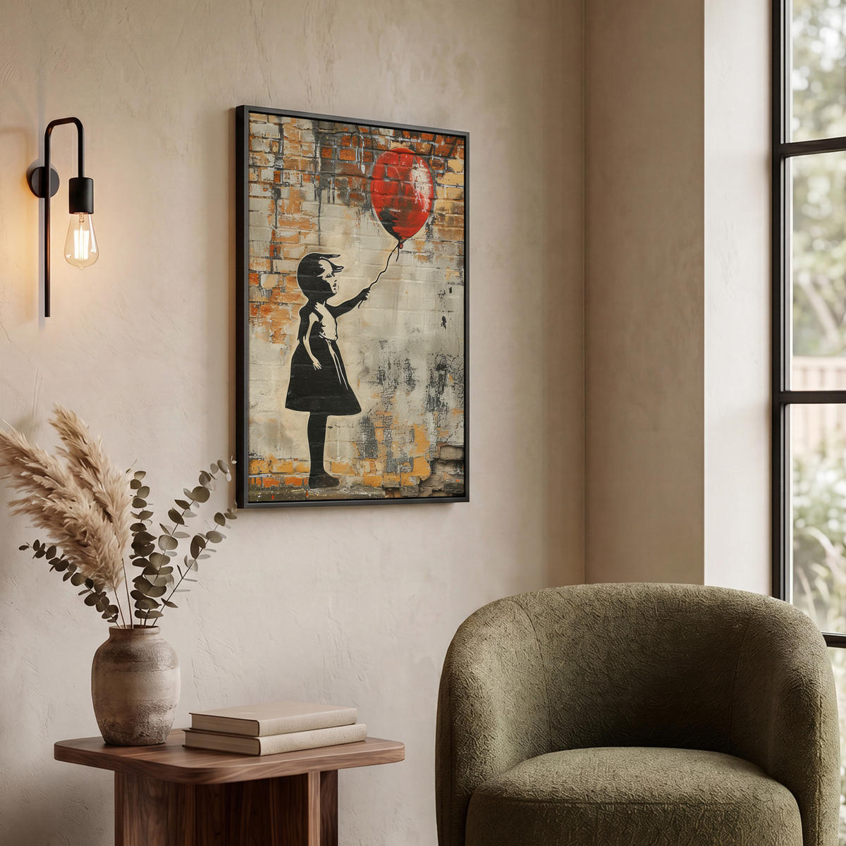 LEINWAND Bilder mit Rahmen - Graffiti - Banksy - Mädchen - Straßenkunst - 60x80 - Sandfarben, Textil (60/80cm) - MuchoWow