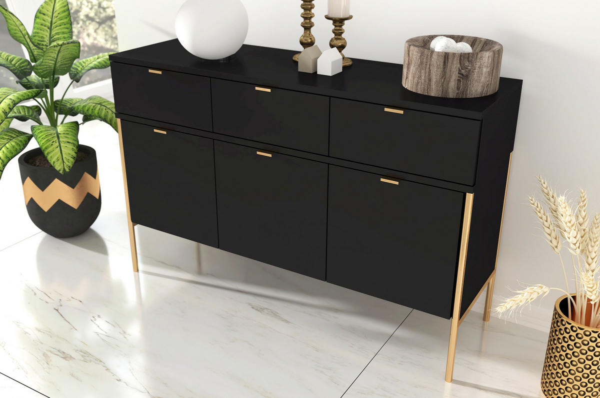 SIDEBOARD Polka, Schwarz, Goldene Details - Goldfarben/Schwarz, Holzwerkstoff/Metall (120/78/37cm) - Skandica