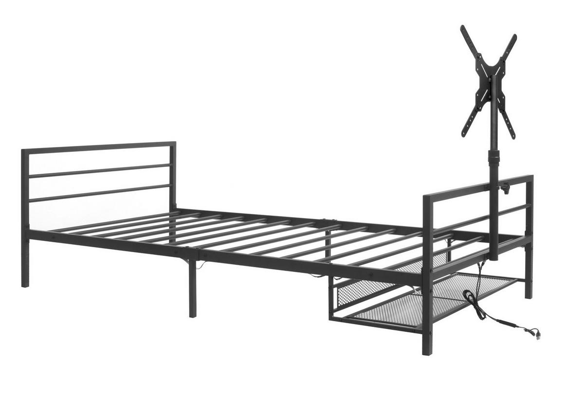 METALLBETT aus Eisen 90x200 cm Schwarz mit LED-Beleuchtung, verstellbarer Monitorhalterung und Aufbewahrungskorb - Schwarz, Metall (90/200cm) - Modfu