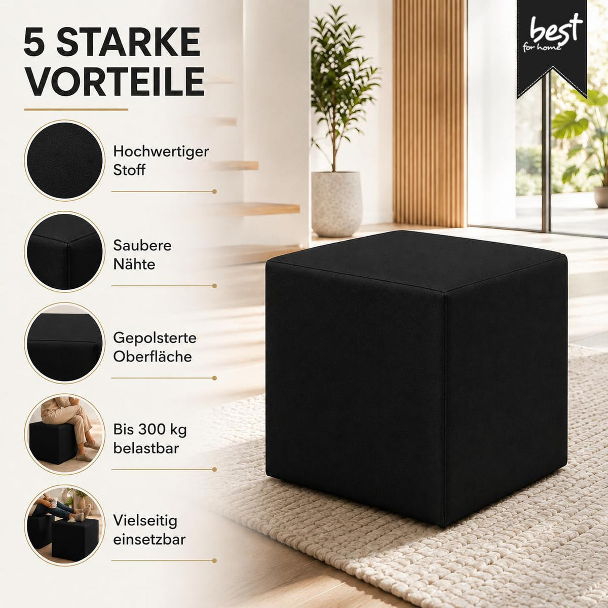 SITZWÜRFEL / Siège Pouf - Noir, 40X40X40 Cm, Assise Rembourrée, Confortable Pour Salon, Chambre Ou Bureau - Schwarz, Textil (41/41/40cm) - Best For Home