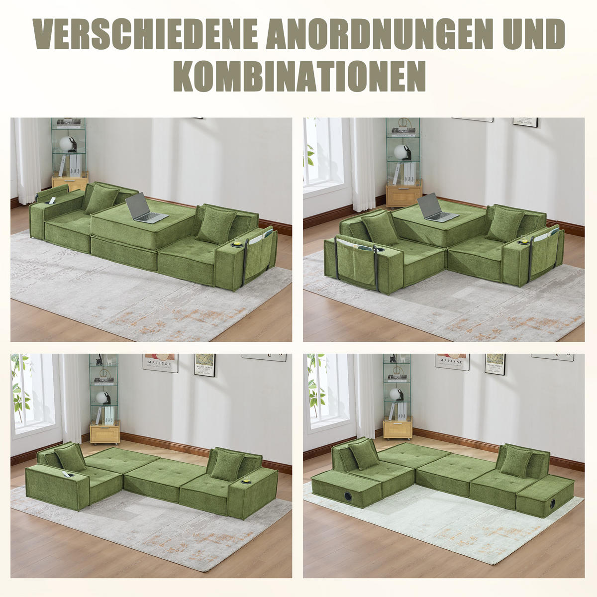 SCHLAFSOFA 162/78/66 cm Grün Chenille mit seitlichem Stauraum und Getränkehaltern - Grün, Textil (162/66/78cm) - Oxeza