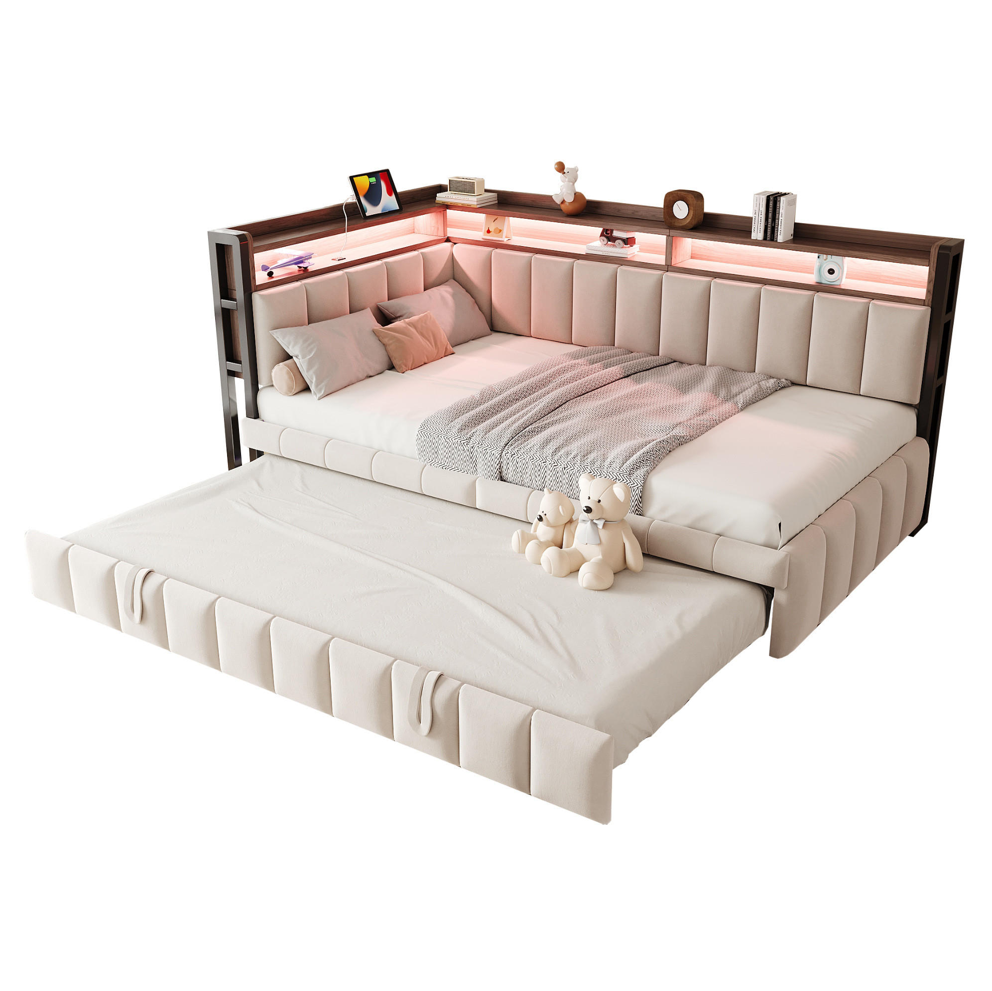 POLSTERBETT Schlafsofa aus Samt 90x200 cm Beige mit Ausziehbett, LED-Beleuchtung, USB- und Typ-C-Anschlüssen - Beige, Textil (90/200cm) - Modfu