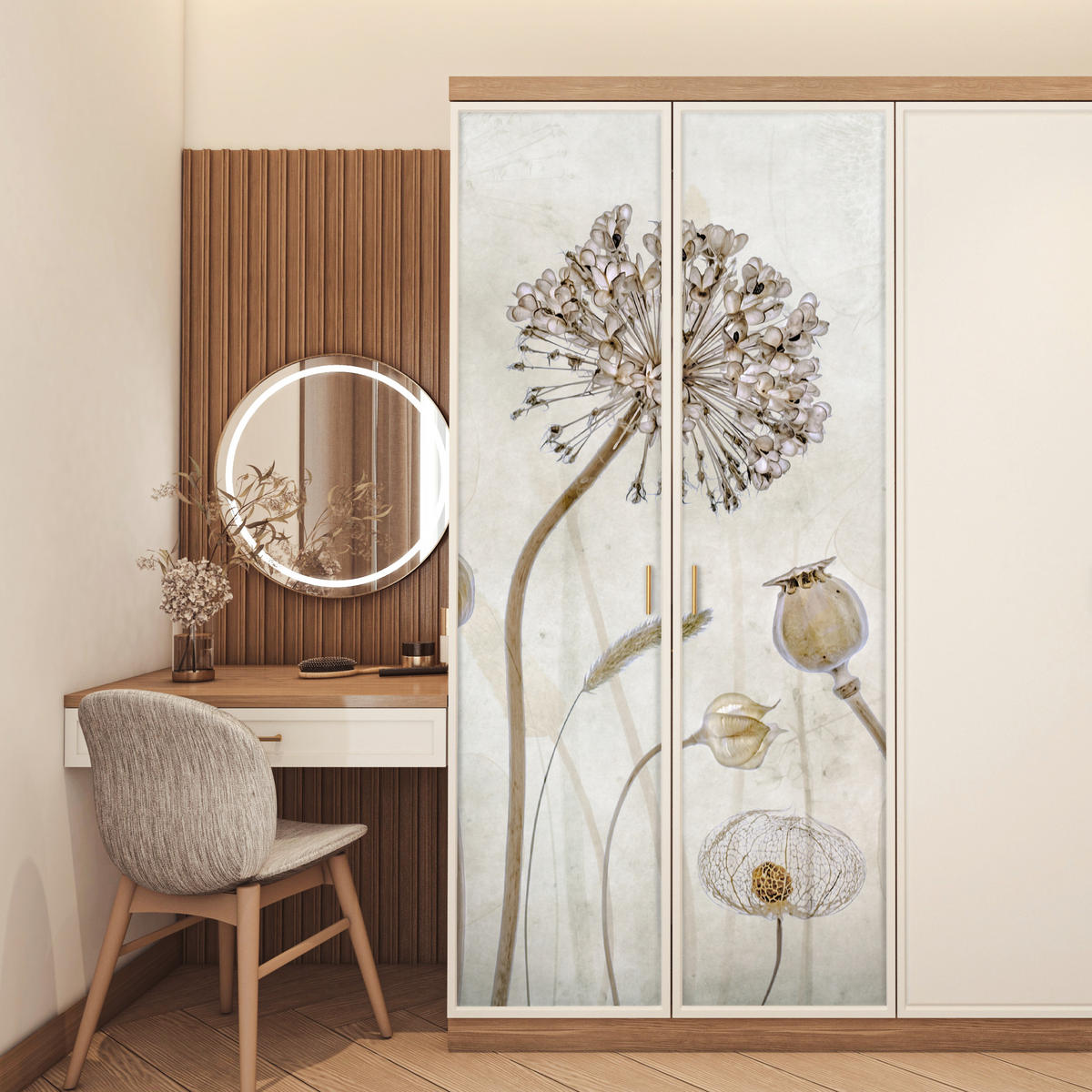 TÜRAUFKLEBER Selbstklebend - Blumen - Aquarell - Stilleben - Braun - Vintage 95x215 cm - Türtapete - Ecru, Kunststoff (95/0.1cm) - MuchoWow