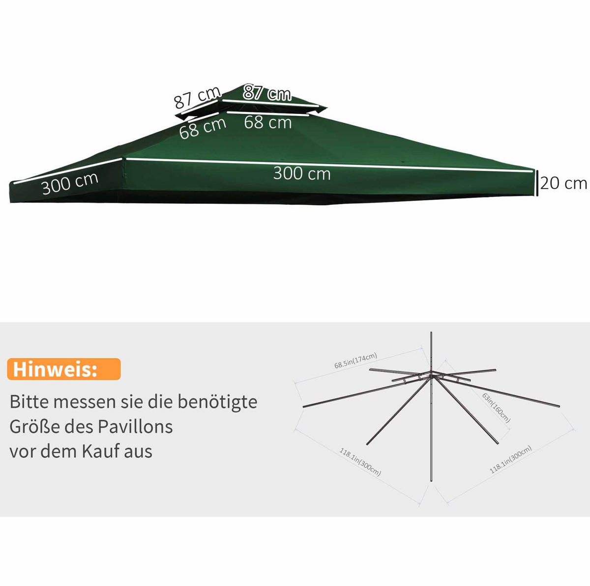 ERSATZDACH für Pavillon 300/300 cm wasserabweisend mit UV-Schutz und Doppeldach, Grün - Grün, Textil (300/20/300cm) - Redom