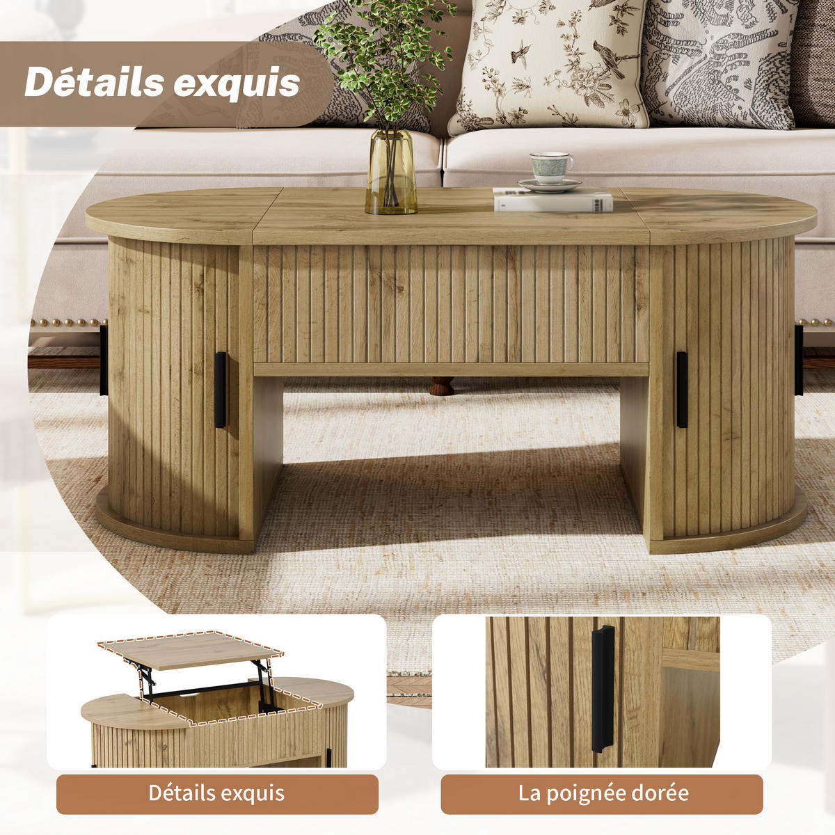 OVALER Couchtisch mit aufklappbarer Tischplatte und Stauraum, Holzwerkstoff, Eiche - Grau, Textil (264/83/87cm) - Meubles Cosy