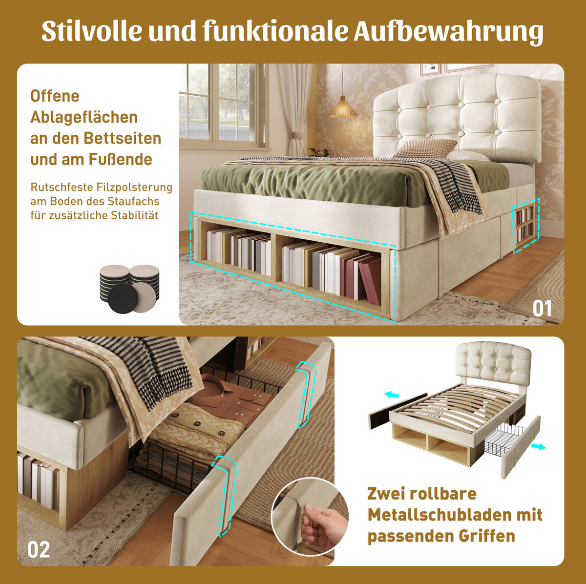 POLSTERBETT 90/200 cm Beige aus Samt mit höhenverstellbarem Kopfteil - Beige, Textil (90/200cm) - OKMYHOME
