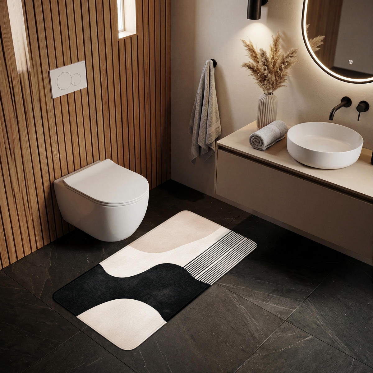 KÚPEĽŇOVÁ PREDLOŽKA Abstraktné - Japonské - Béžové - Moderné 120x60 cm - čierna/béžová, textil/plast (120/60cm) - OnlyWow