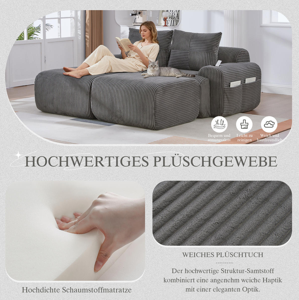 MODULARES 2-Sitzer Sofa Cordstoff mit Getränkehalter und Seitentasche 200/174/80 cm Dunkelgrau - Dunkelgrau, Textil (174/80/200cm) - Redom