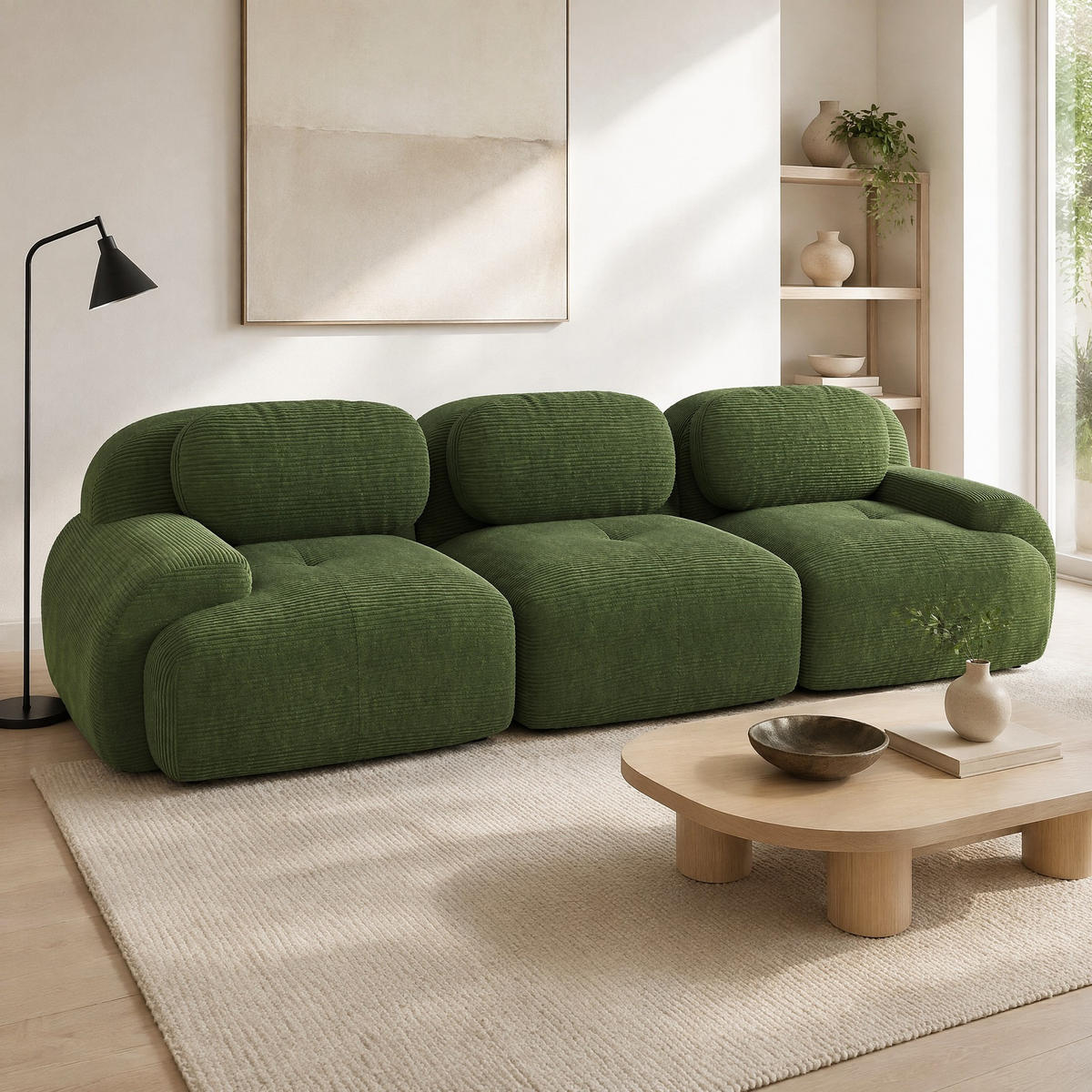 SOFA 298/103/70 cm in Grün aus Cord mit rutschfester Unterseite - Grün, Textil (103/70/298cm) - Flora Grace