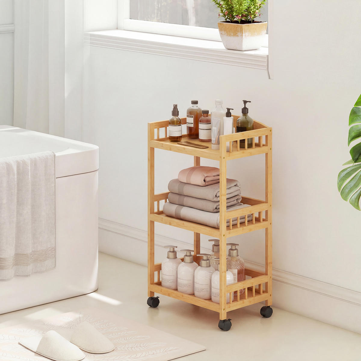 SERVIERWAGEN DE-17147 3 offene Ebenen aus Bambus Natur - Naturfarben, Naturmaterialien (30.5/83/53cm) - ComfortXL