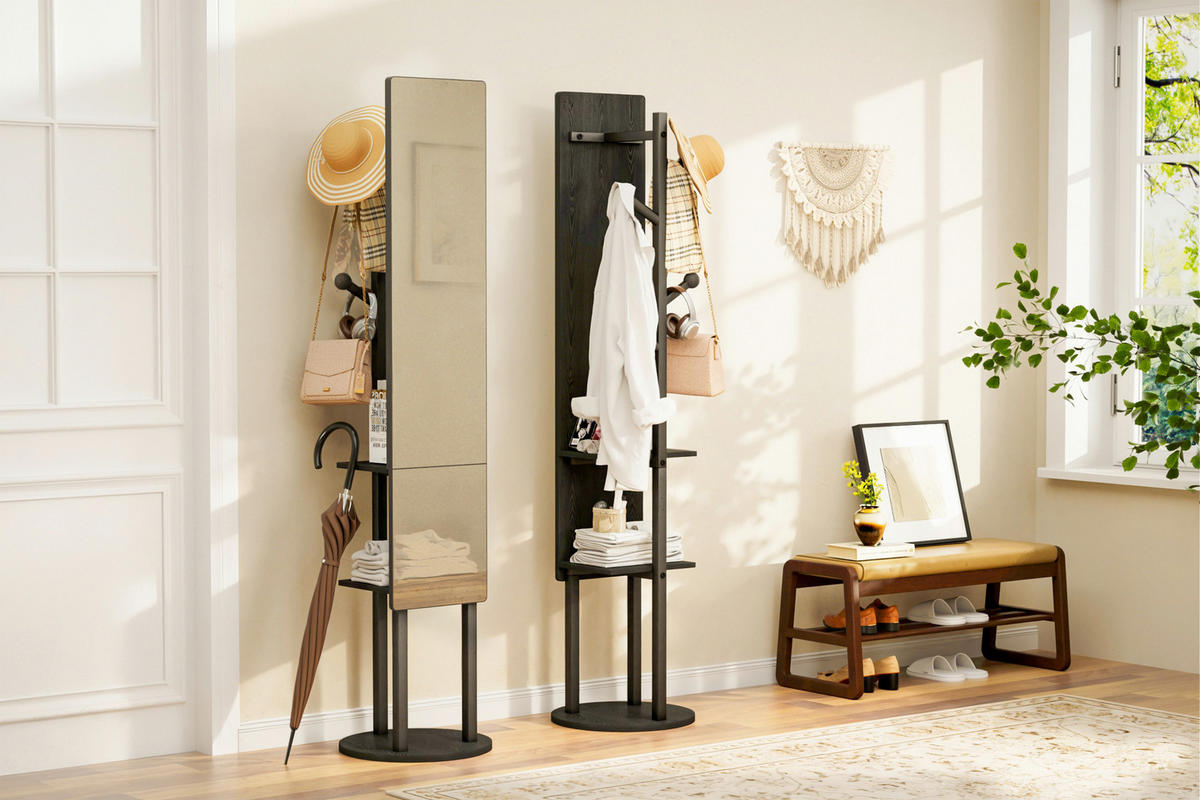 STANDGARDEROBE mit Spiegel in Schwarz 40/40/174 cm drehbar - Schwarz, Holzwerkstoff (40/174/40cm) - BEAOK