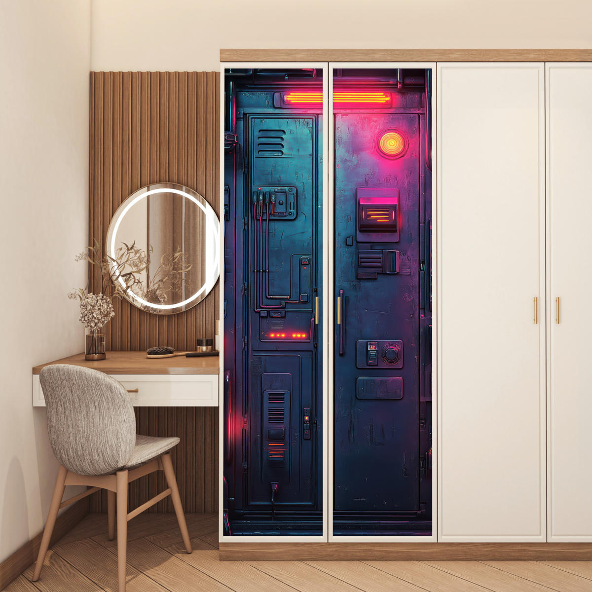TÜRAUFKLEBER Selbstklebend - Tür - Futuristisch - Blau - Rosa - Neon 85x205 cm - Türtapete - Anthrazit, Kunststoff (85/0.1cm) - MuchoWow