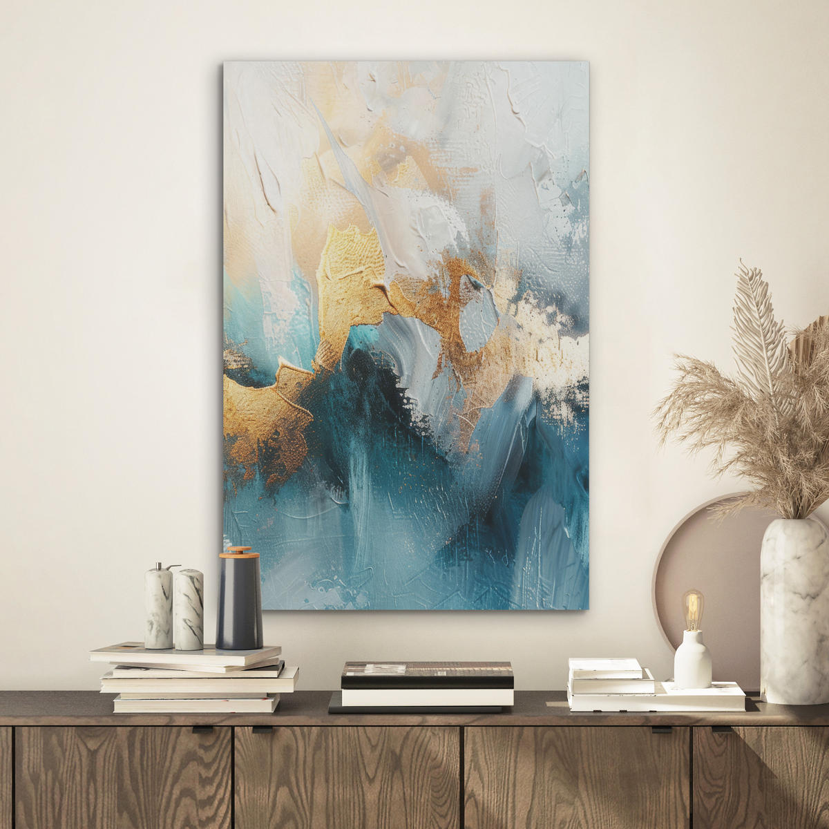 AKUSTIKBILD Abstrakt - Kunst - Gold - Blau Kunstdruck Schlafzimmer 50x70 cm - Petrol, Kunststoff (50/70/0.9cm) - MuchoWow