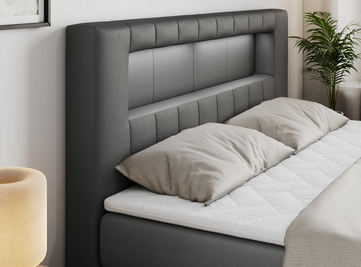 BOXSPRINGBETT GOLD-5 KING LED 160/200 Dunkelgrau Kunstleder - H3 - Dunkelgrau, Holz/Textil (160/200cm) - MKS