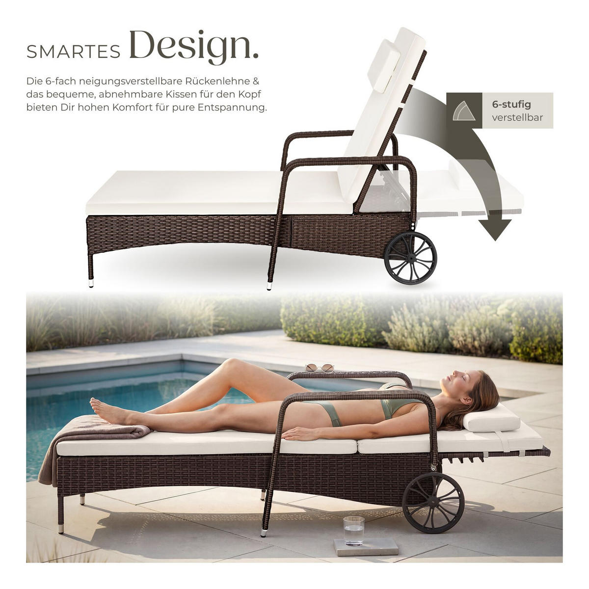 RATTAN-SONNENLIEGE, 200 x 70 x 33 cm, braun gemischt - Braun, Kunststoff (70/33/200cm) - tectake