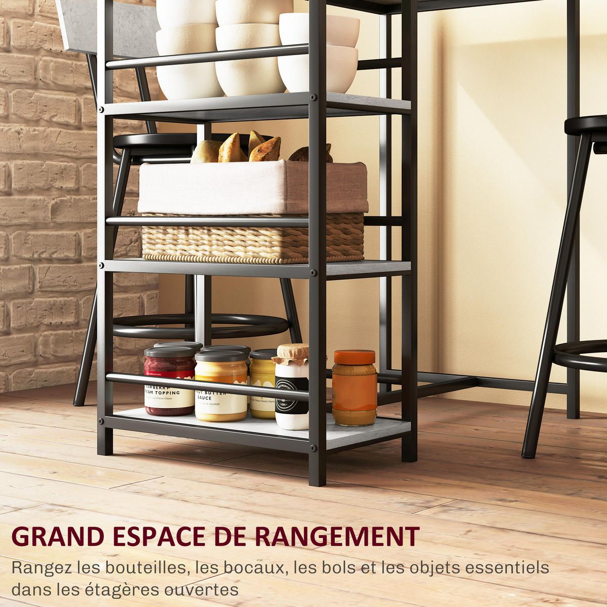 BARTISCH-SET DE-14753 mit 3 Ablagen & 2 Hockern Grau/Schwarz - Hellgrau, Holzwerkstoff (90/50/90.5cm) - ComfortXL