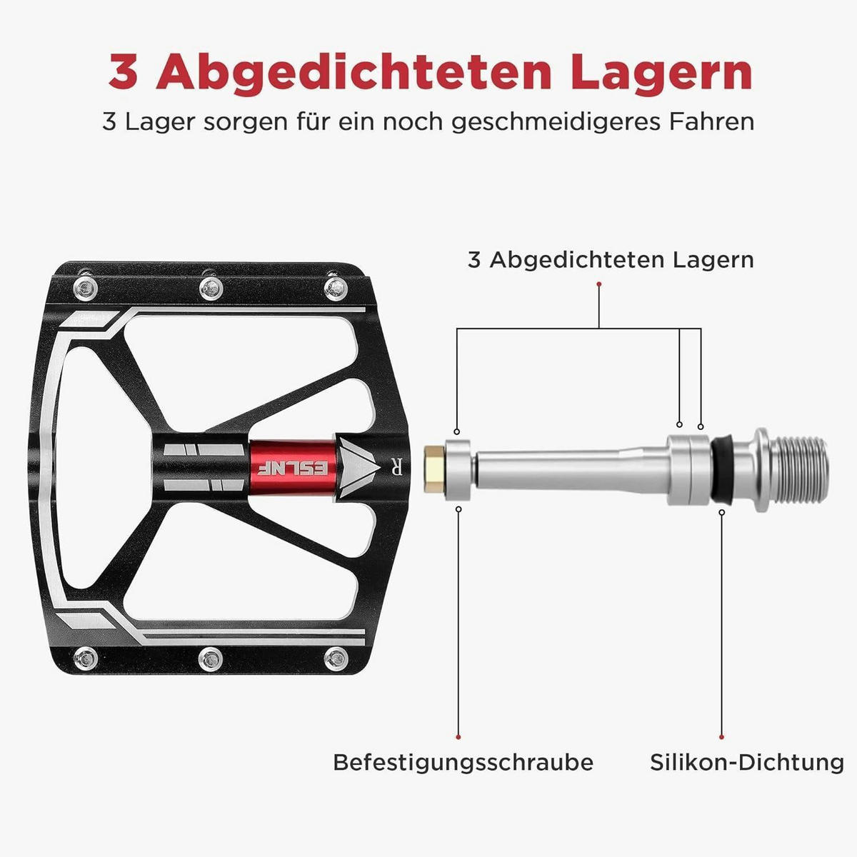 FAHRRADPEDALE 2-teiliges Set Flat Pedale MTB Leicht CNC Aluminium 9/16 Zoll Schwarz-Rot - Schwarz, Metall (10/1.5/10cm)