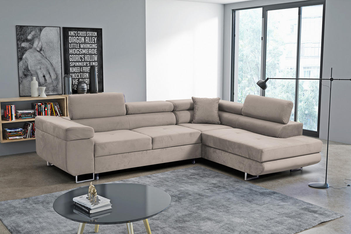 ECKSOFA Marlene III L-Form mit verstellbaren Kopfstützen Schlaffunktion Bettkasten 271 cm rechts beige - Beige, Kunststoff (202/271cm) - Margaret Hadas24