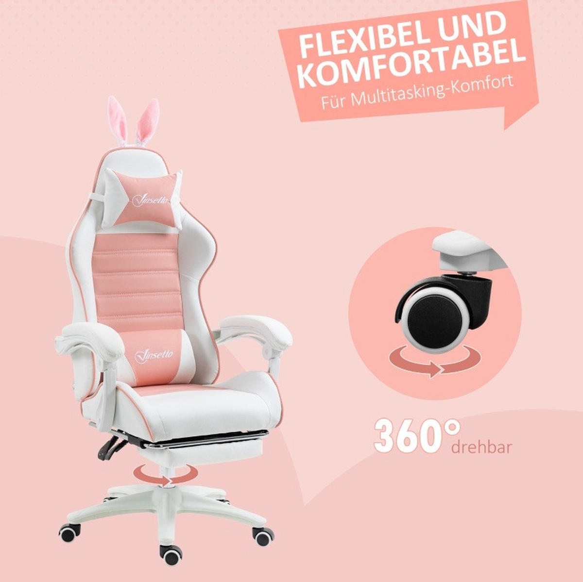GAMINGSTUHL 65/63/136-142 cm, höhenverstellbar 44-52 cm, mit Fußstütze und Hasenohren, Bonded Leather, Pink - Pink, Kunststoff (63/142/65cm) - Redom