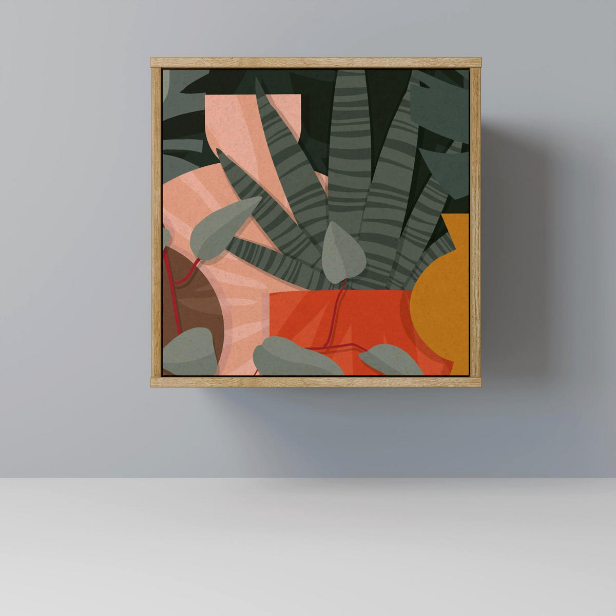 SIDEBOARD TROPICAL COMPOSITION, Eichefarben, 57,5x42x67,5 cm, Schwarze Metall-Rahmenfüße - Eichefarben/Multicolor, Holzwerkstoff/Metall (57.5/67.5/42cm) - SpaceRebels