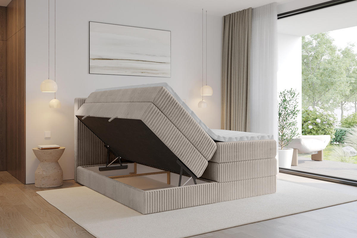 BOXSPRINGBETT mit Matratze H3|H4 und Lattenrost - TOLO KING 120x200 Cord - Aschgrau - Alufarben, Holzwerkstoff (120/200cm) - ALTDECOR